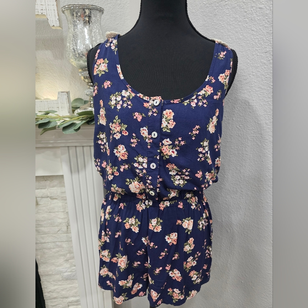 Forever 21 Floral Navy Romper with Lace Detail